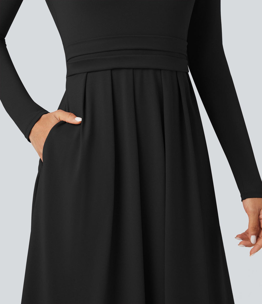 Robe longue décontractée évasée col rond plongeant manches longues avec poches