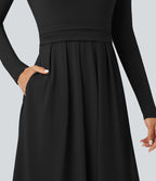 Robe longue décontractée évasée col rond plongeant manches longues avec poches