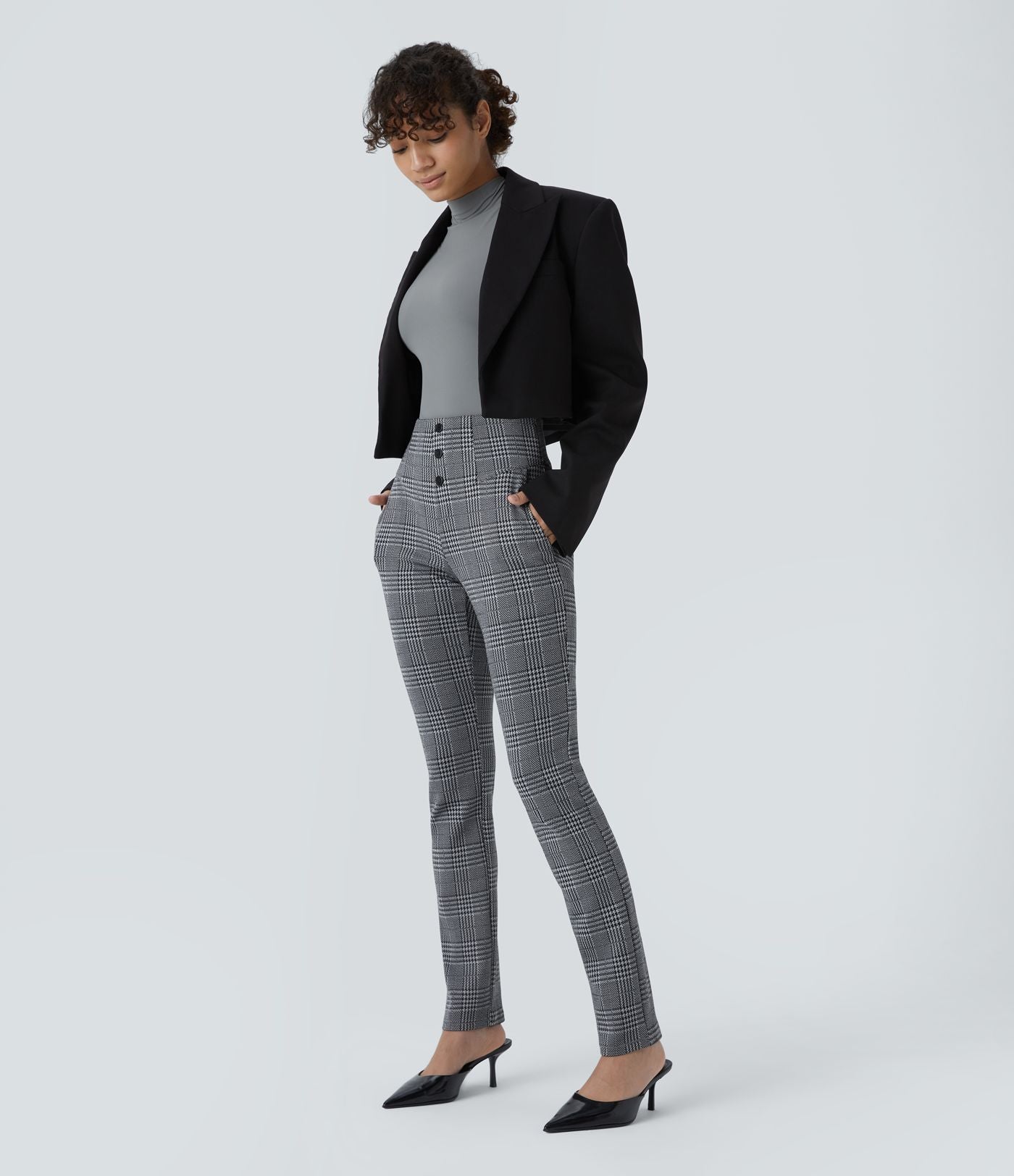 Halara Flex™ Pantalon tailleur Cintrés à Taille Haute avec Boutons Décoratifs Poches Latérales et Imprimé Pied-de-Poule