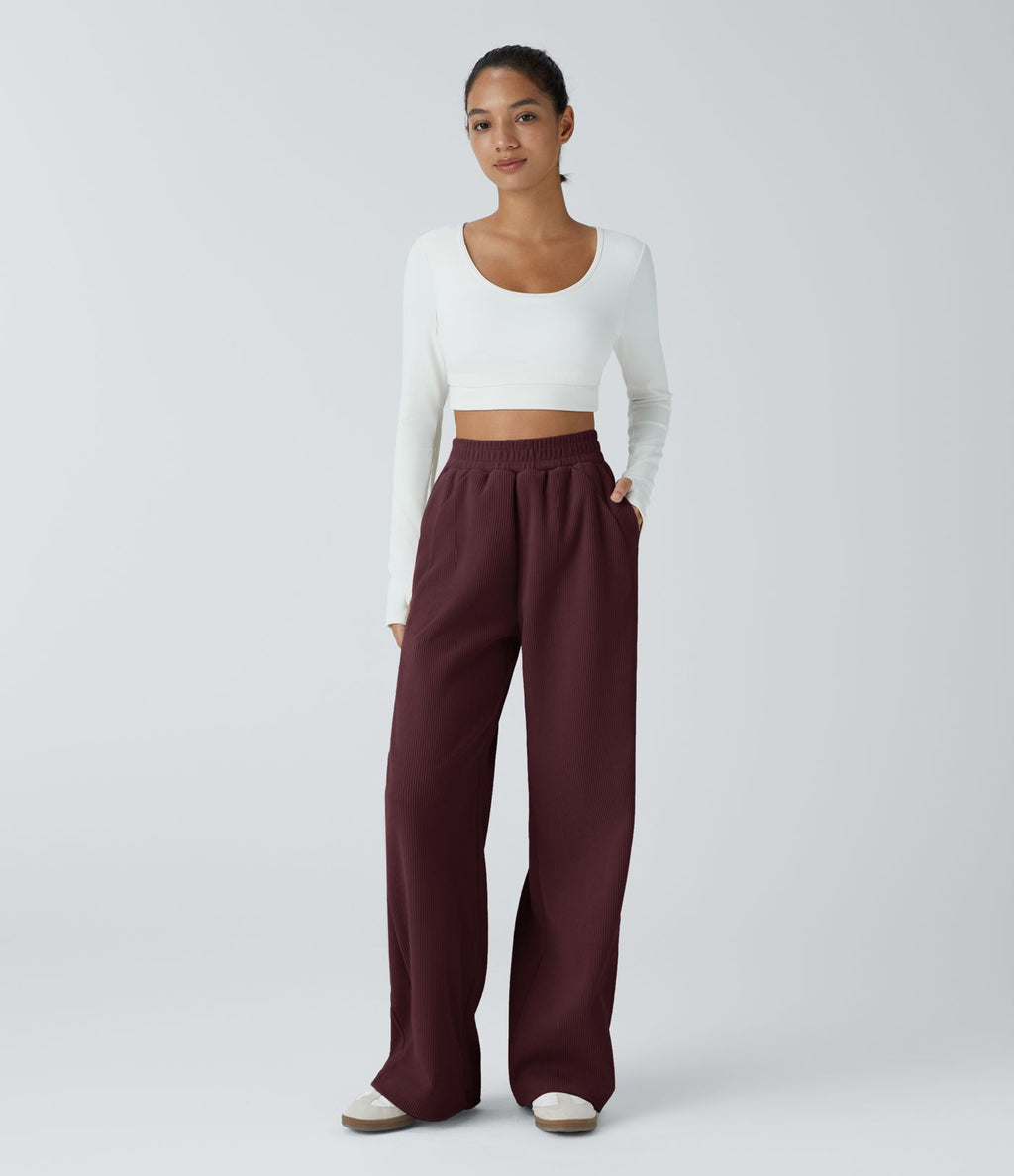 Pantalon velours côtelé de jogging décontracté à taille haute avec poches latérales