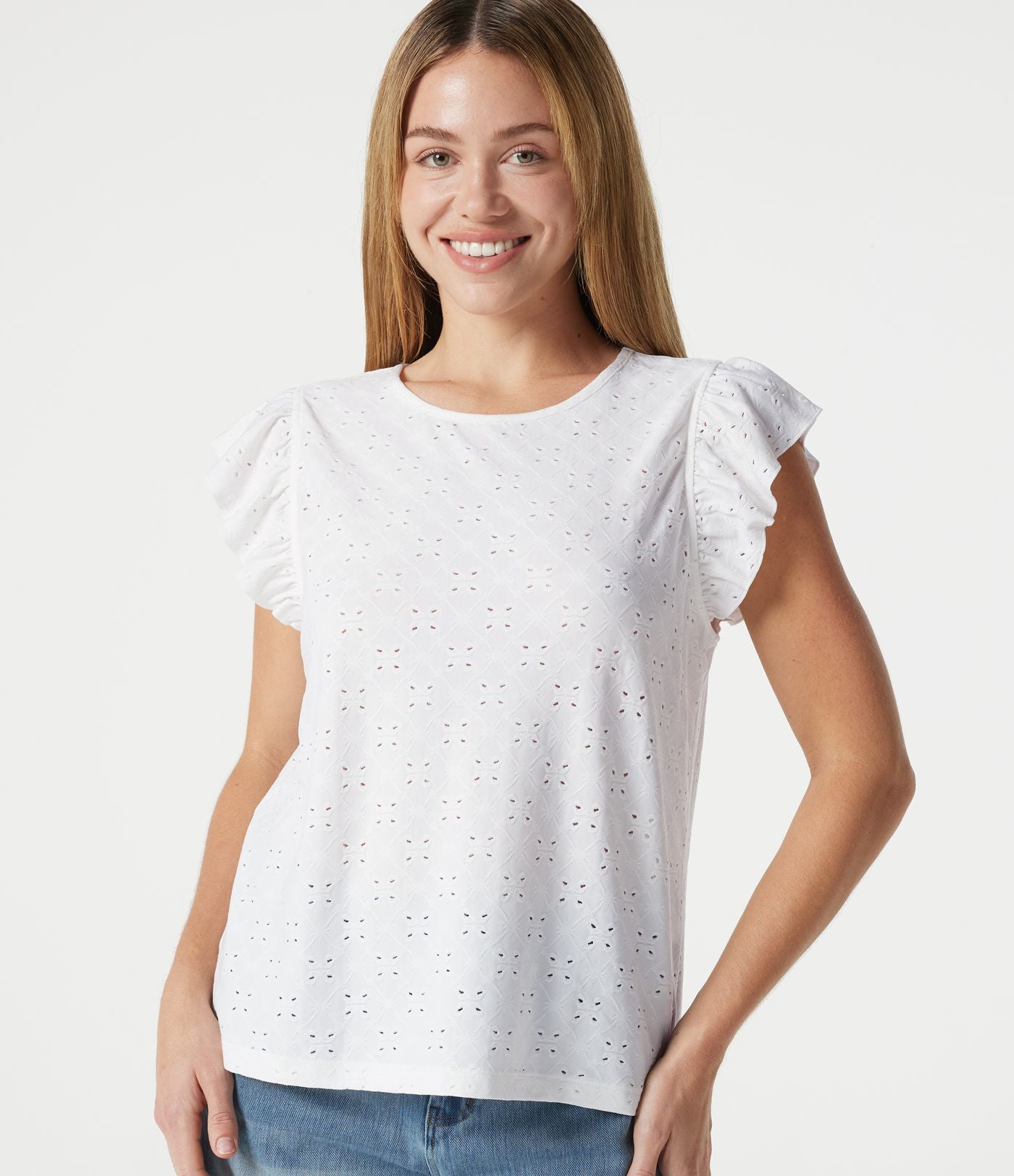 Top casual col rond à manches à volants en broderie anglaise