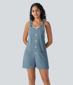 Salopette de Vacances en Gaufré avec Bretelles à Noeud Boutons Décoratifs Devant Poches