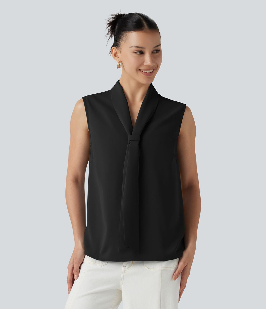 Blouse  sans manches esprit bureau défroissage facile, col V et lien à nouer