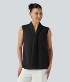 Blouse  sans manches esprit bureau défroissage facile, col V et lien à nouer