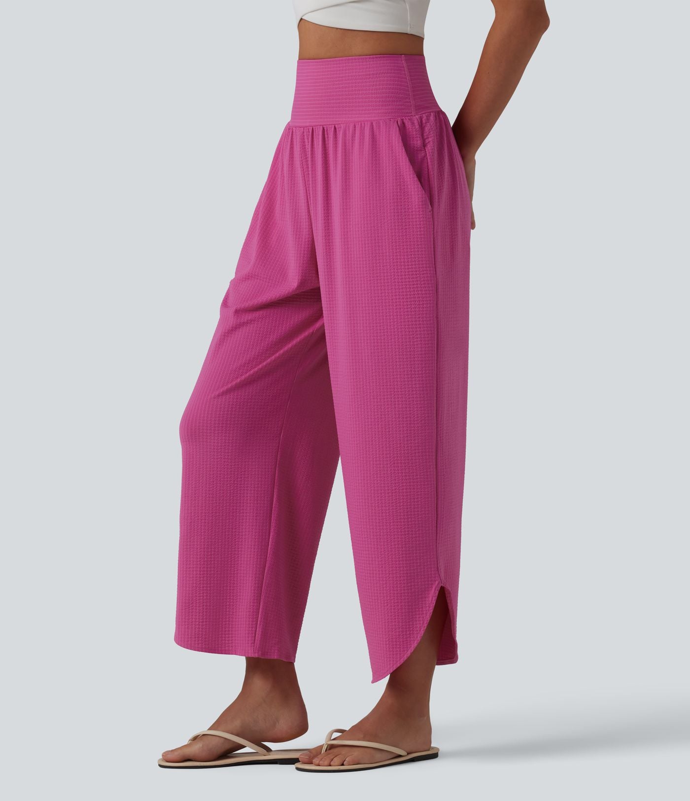 Pantalon décontracté taille haute ventre plat à rayures séchage rapide avec poches - UPF40+