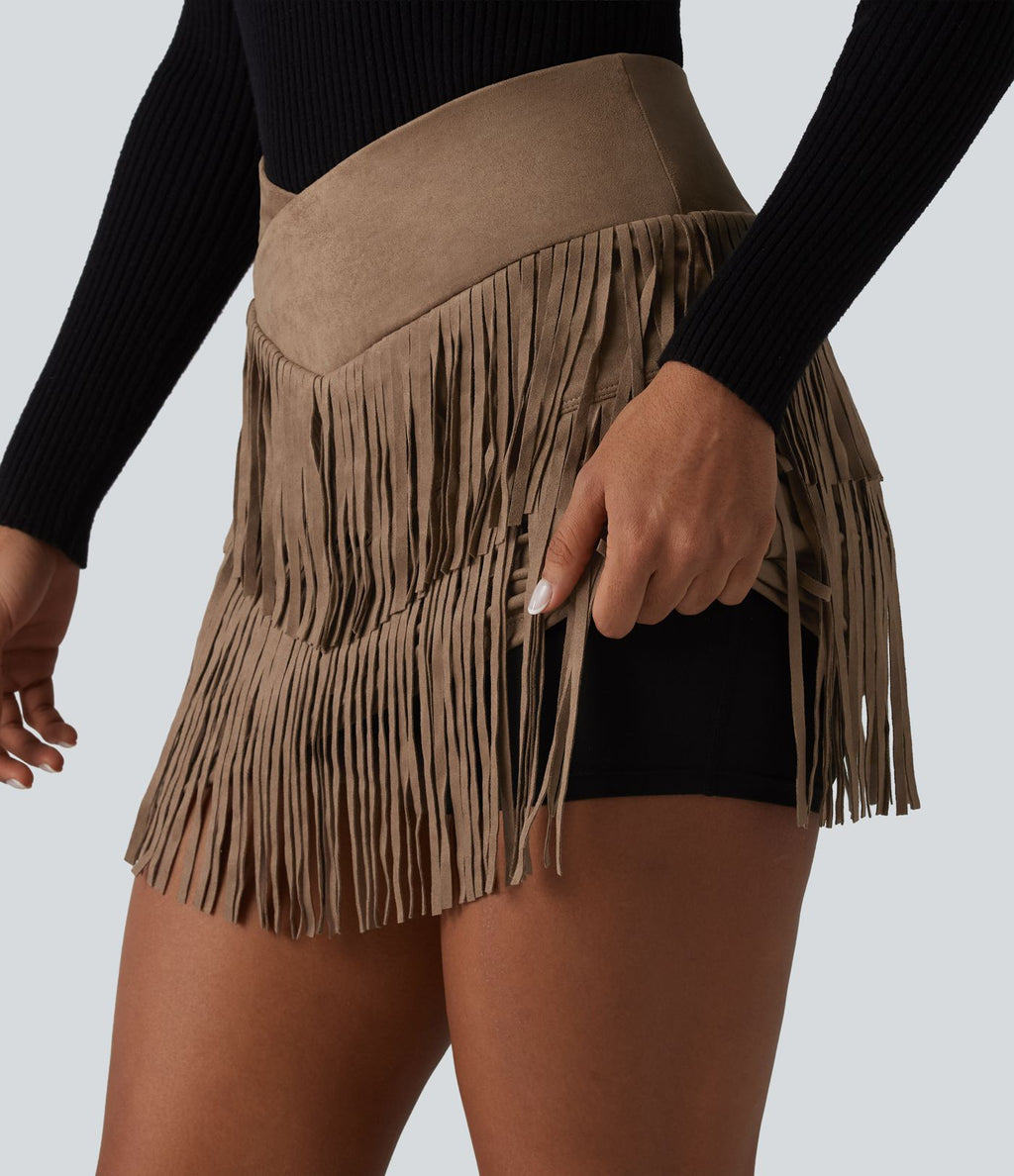 Jupe mini de soirée ajustée effet daim taille haute croisée 2-en-1 à franges