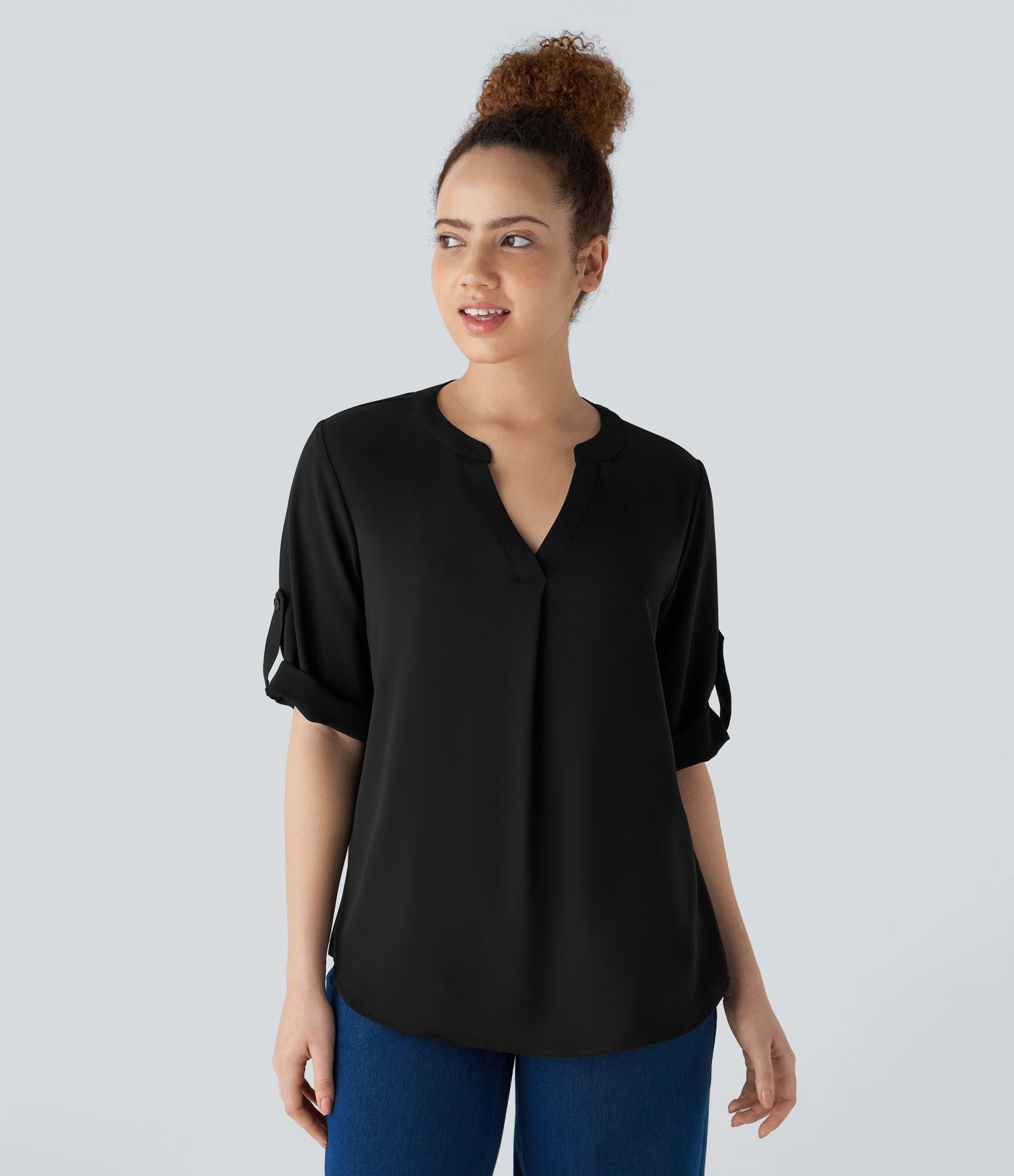 Chemise Travail à Col en V Boutonnée Manches Trois Quarts et Ourlet Courbé