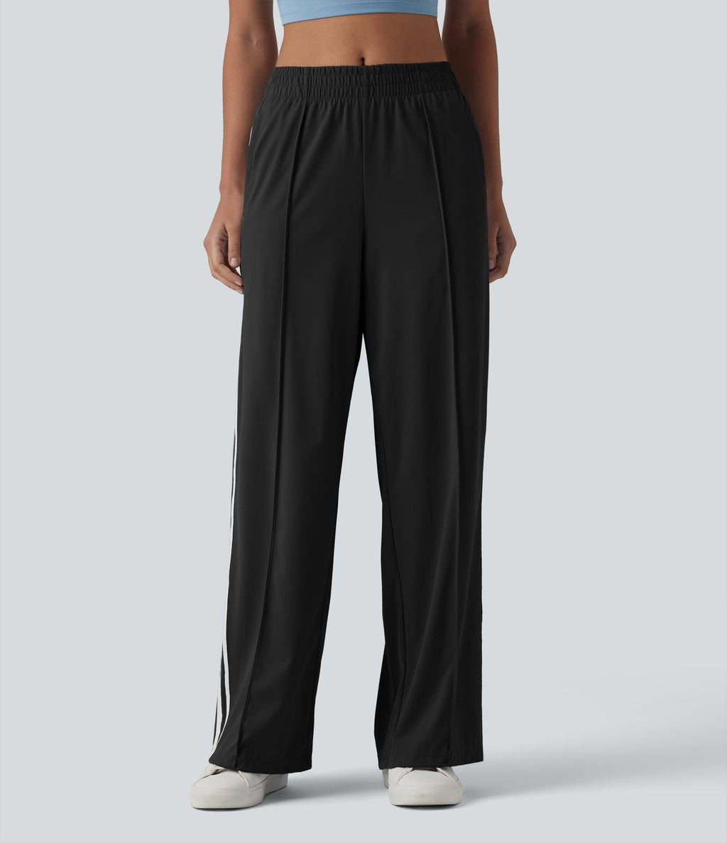 Pantalon décontracté mi-taille coupe droite à séchage rapide à rayures color block avec poches - UPF40+
