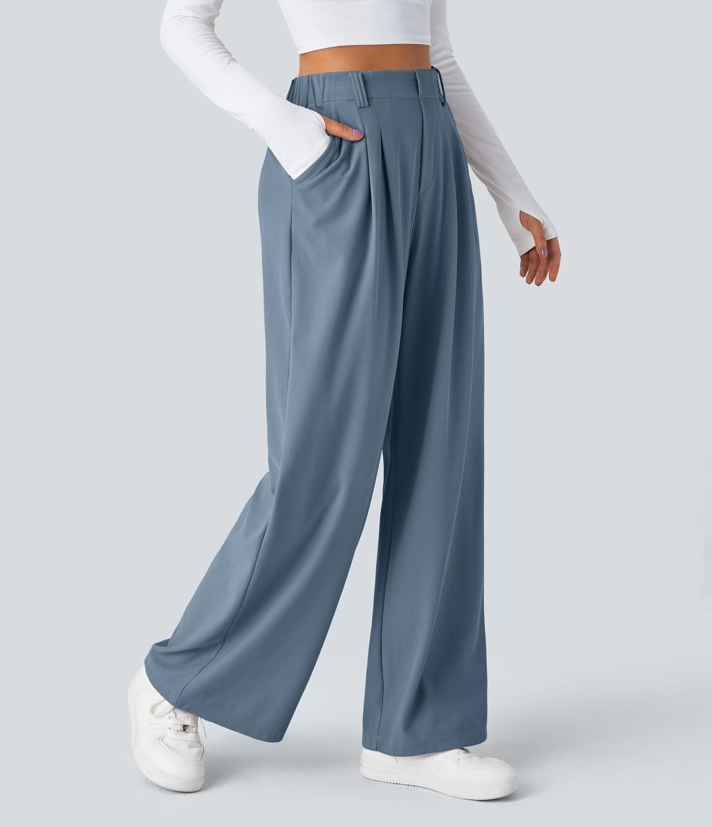 Halara Flex™ Pantalon Tailleur Large Fluide Gaufré Taille Haute Poches Latérales