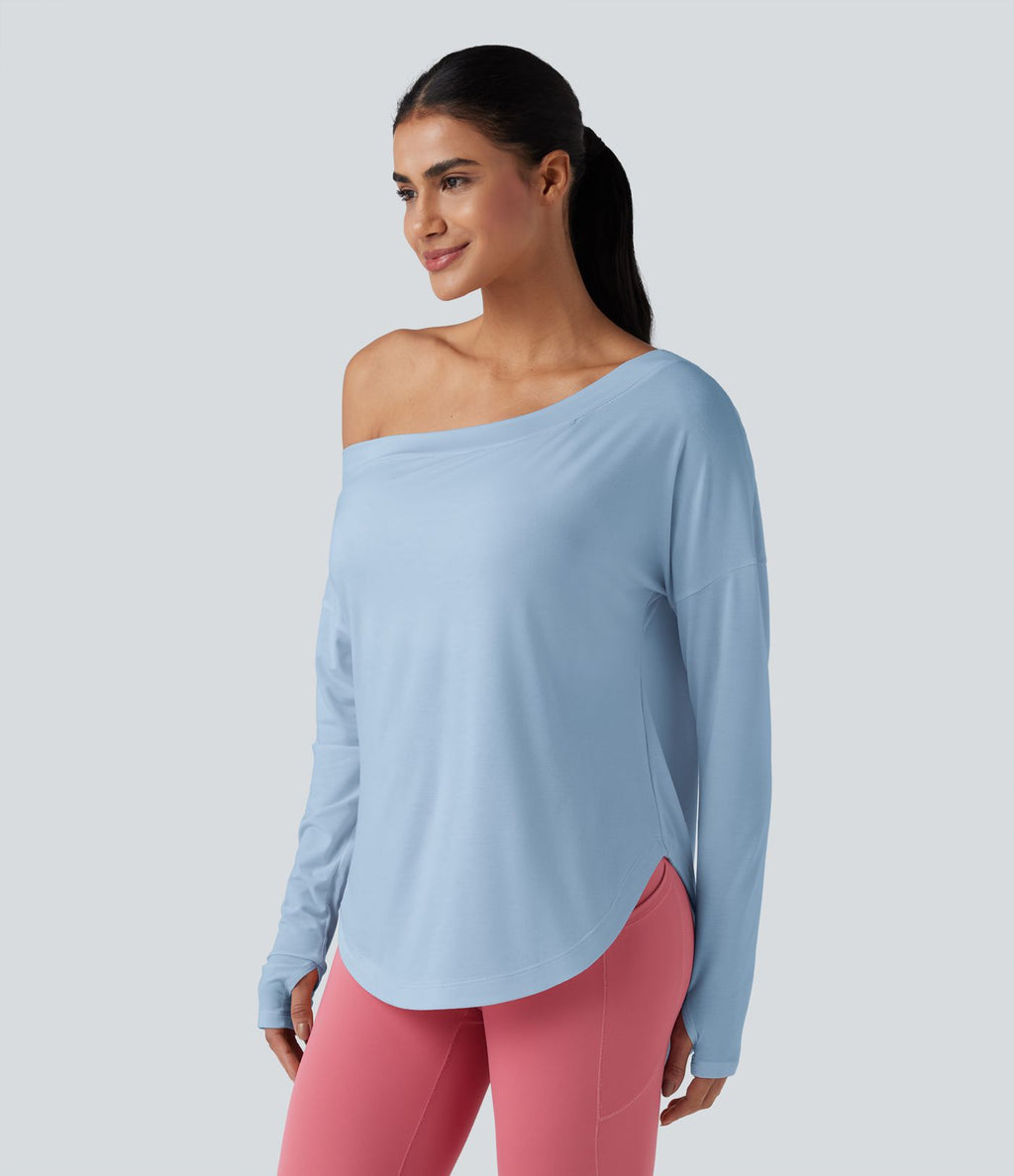 Top de sport yoga une épaule séchage rapide ourlet arrondi asymétrique manches longues avec trous pouces - Brassière intégrée