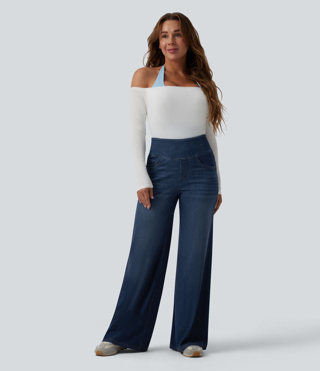 Halara Flex™ Jean large casual taille haute ventre plat, en lyocell drapé effet délavé, avec poches