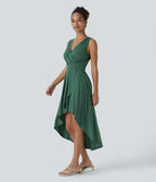 Robe Mi-Longue Plissée Décolleté Plongeant Sans Manches Haut Bas Ourlet Croisé