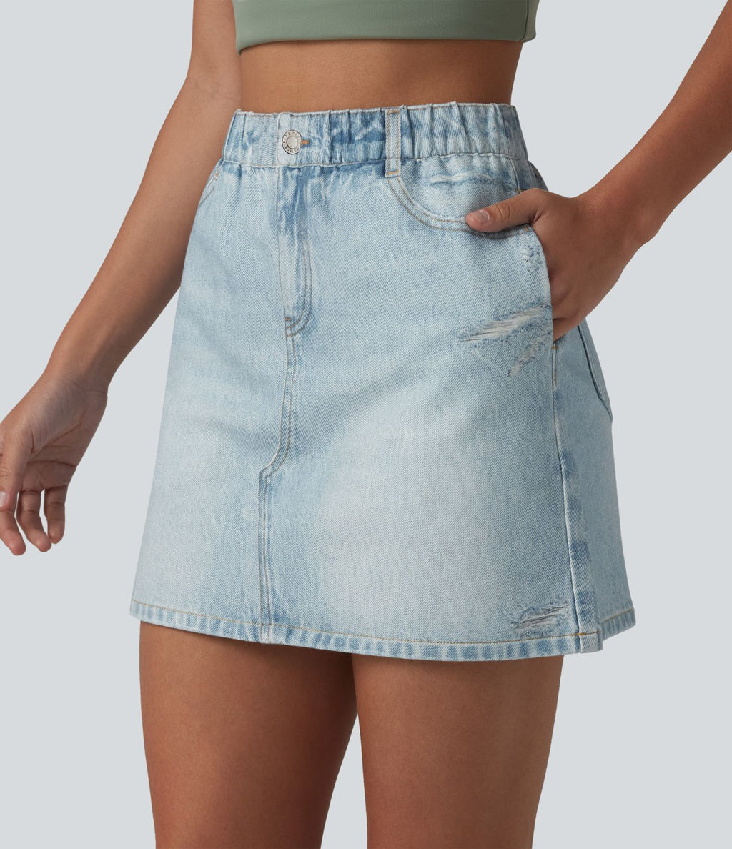 Jupe décontractée taille haute en denim imprimé, molleton français, avec poches