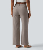 Pantalon taille haute coupe droite effet lin avec poches