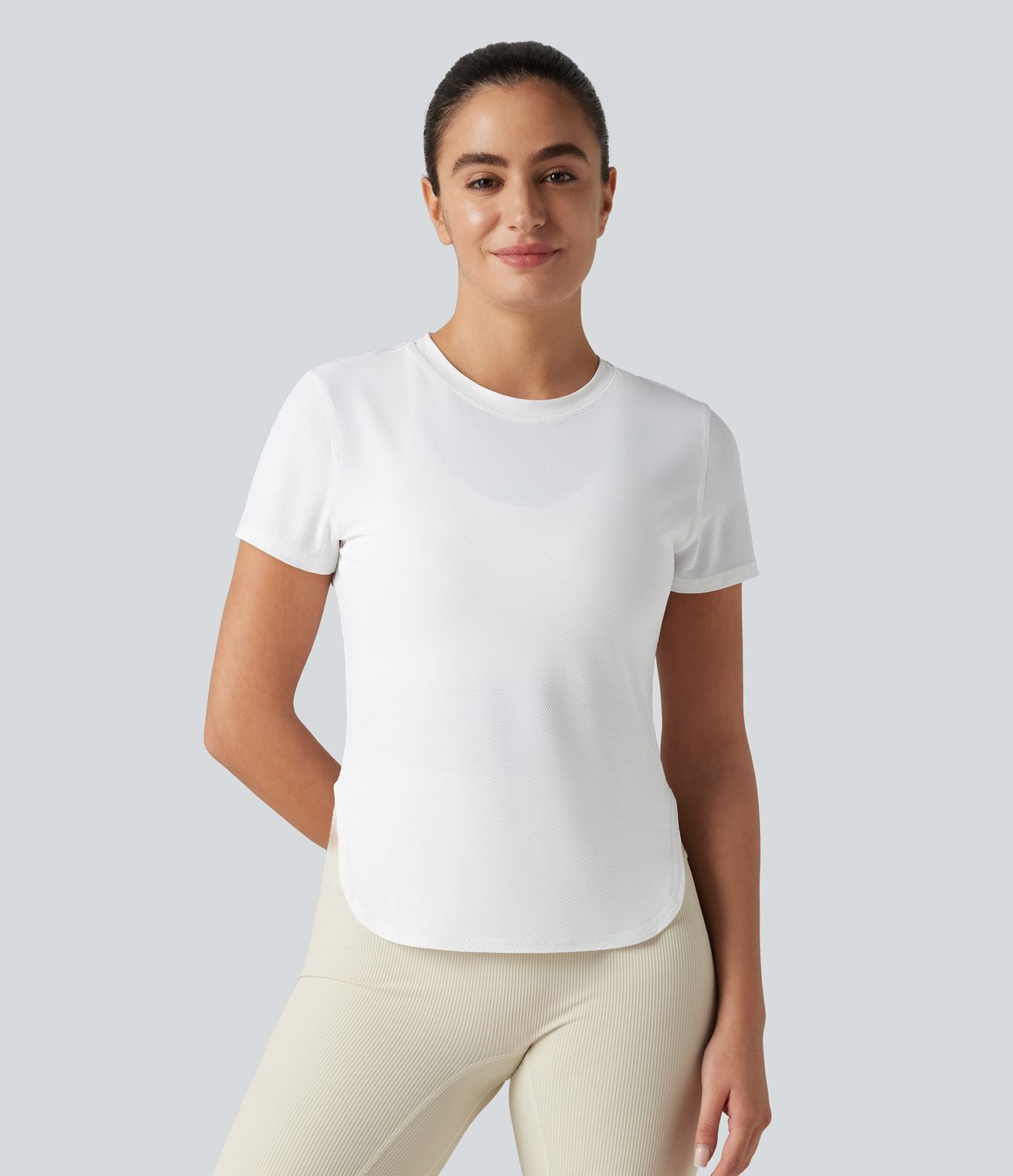 Haut de sport yoga col rond manches courtes ourlet arrondi en mesh respirant