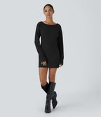 Robe Sweatshirt Casual Col Bateau Manches Raglan Avec Trous Pour Les Pouce Ourlet Fendu en Waffle
