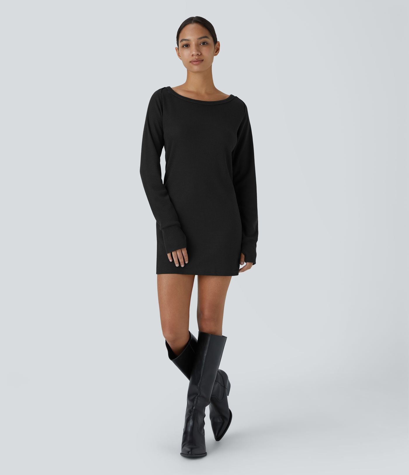Robe Sweatshirt Casual Col Bateau Manches Raglan Avec Trous Pour Les Pouce Ourlet Fendu en Waffle