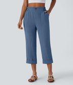 Pantalon capri effet lin taille haute avec poches zippées