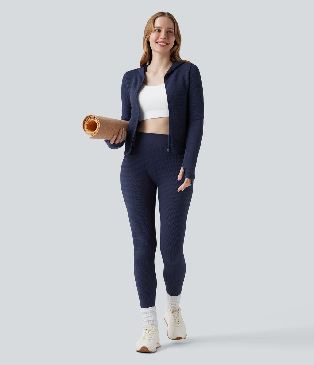 Veste yoga en maille gaufrée à capuche zippée à manches longues avec passants pouces sans couture OneForm Seamless Flow avec poches