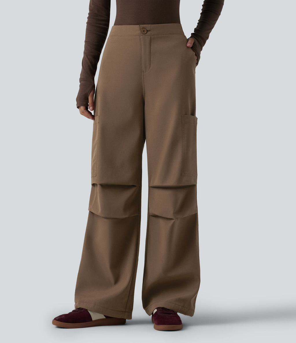 Pantalon parachute large fluide décontracté en polaire taille haute avec poches