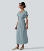 Robe longue tailleur évasée col V à manches courtes avec fermeture éclair invisible et drapé froncé