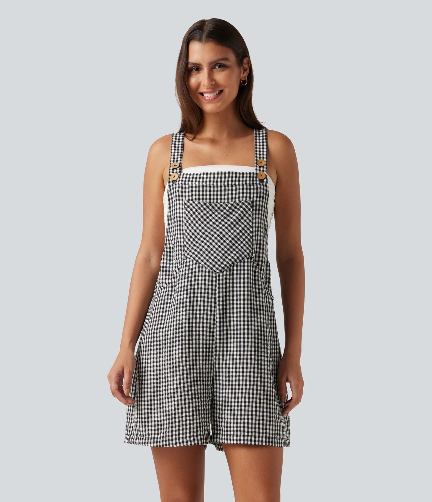 Salopette-short casual effet lin à carreaux avec poches