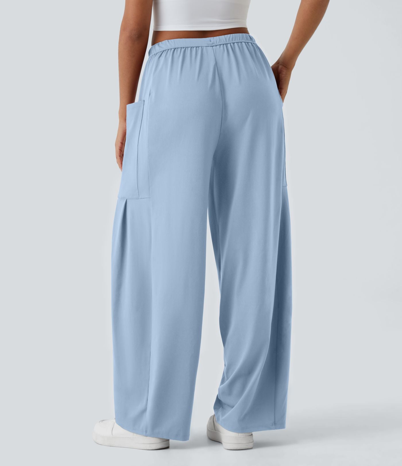 Pantalon Large Fluide Taille Mi-Haute Taille Élastique Cordon Poches Latérales Ourlet Flottant