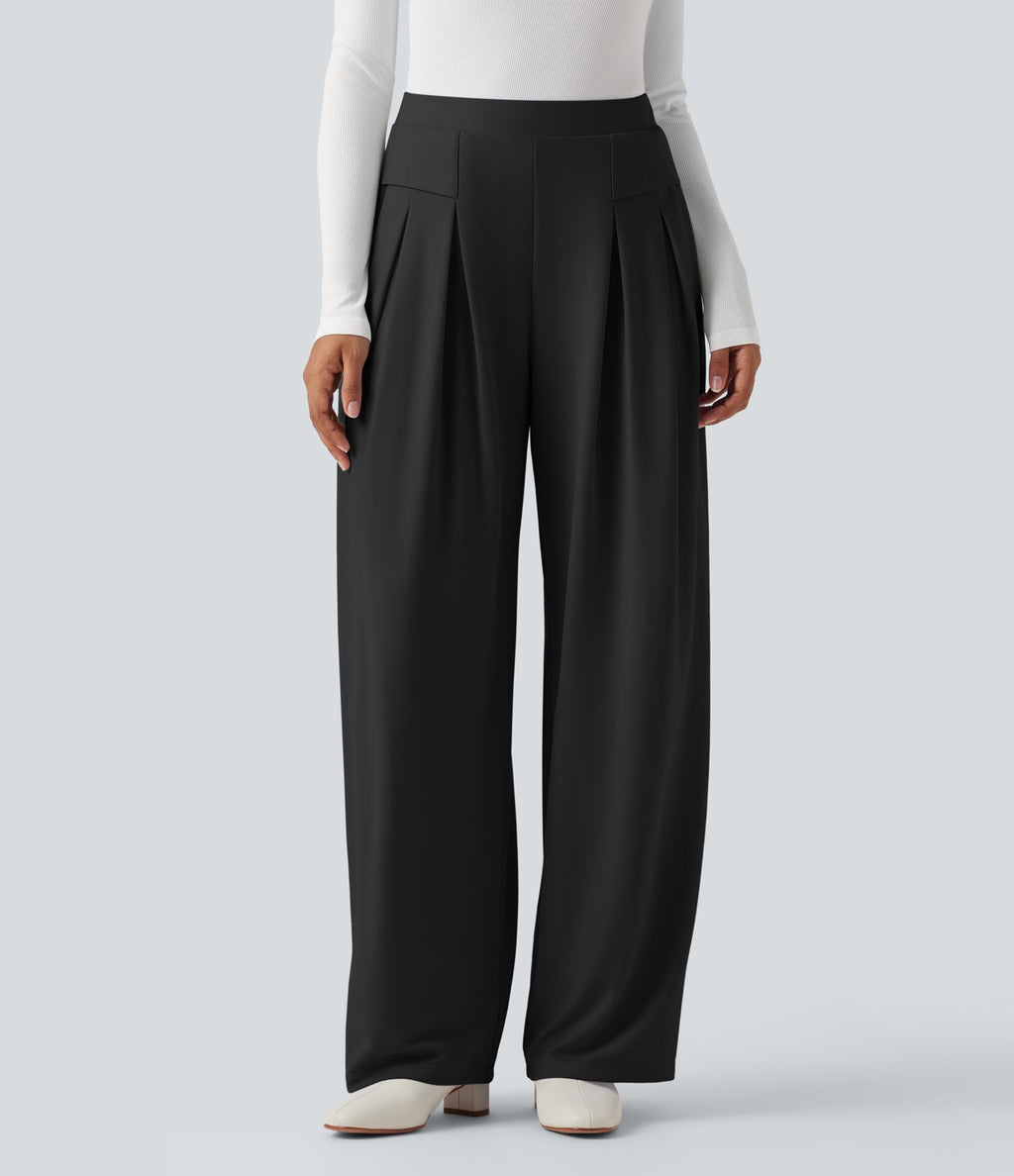 Pantalon tailleur jambes larges taille haute avec poches