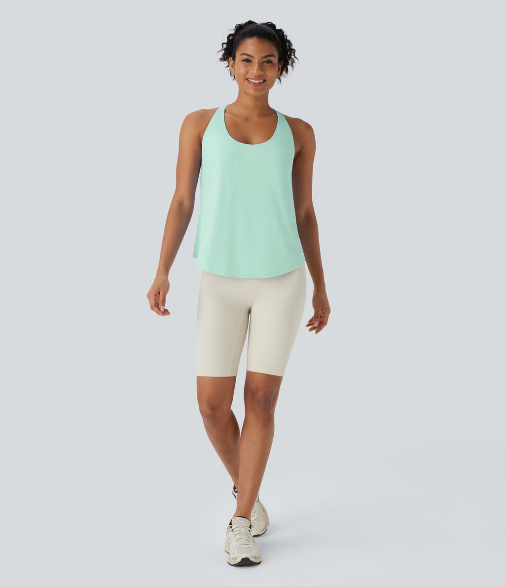 Débardeur yoga dos nu col U avec bretelles croisées, ourlet arrondi et effet frais InstantCool, protection solaire UPF50+
