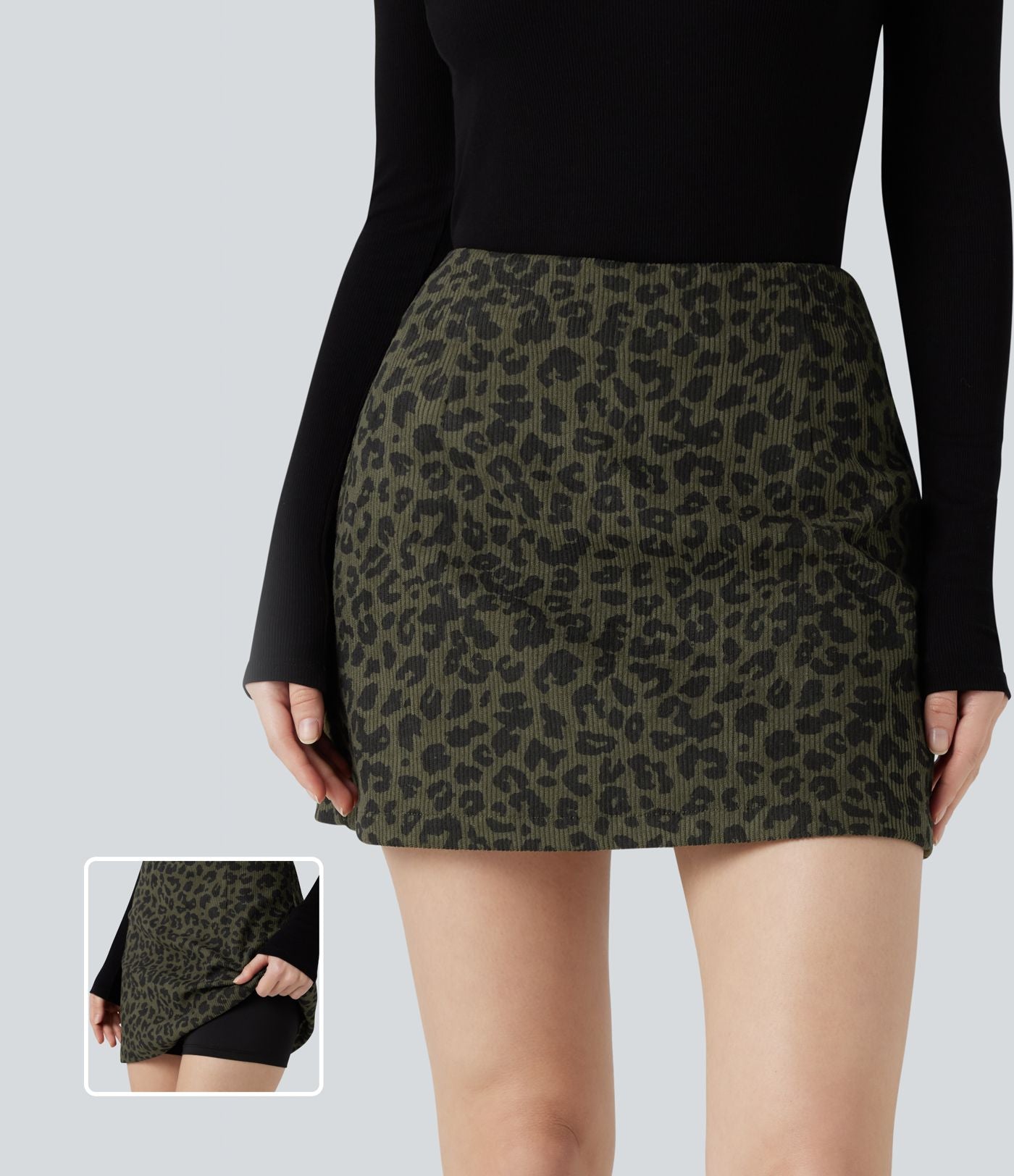 Jupe mini évasée 2-en-1 velours côtelé imprimée léopard taille haute