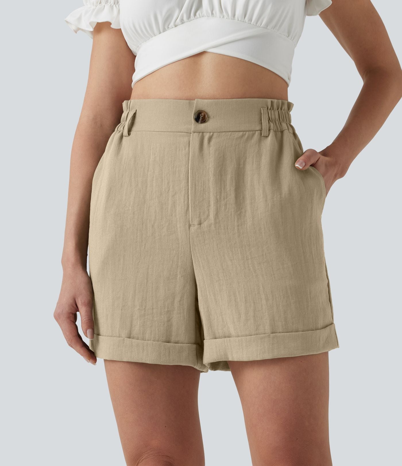 Short resort 12,5 cm taille haute effet lin avec ourlet roulotté et poches
