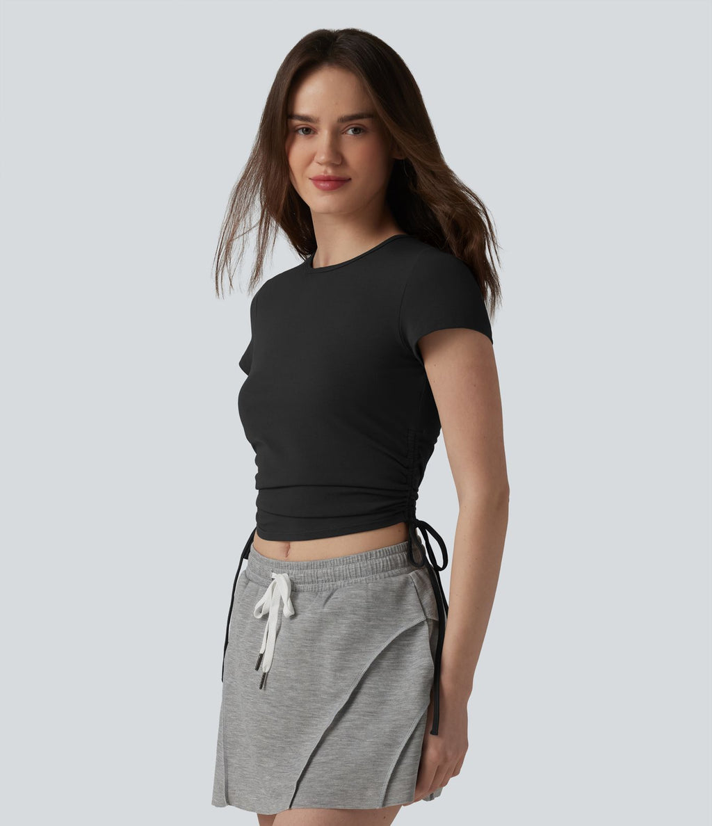 Halara T-shirt décontracté en jersey de coton à col rond, cordon de serrage, dos froncé et ouverture goutte