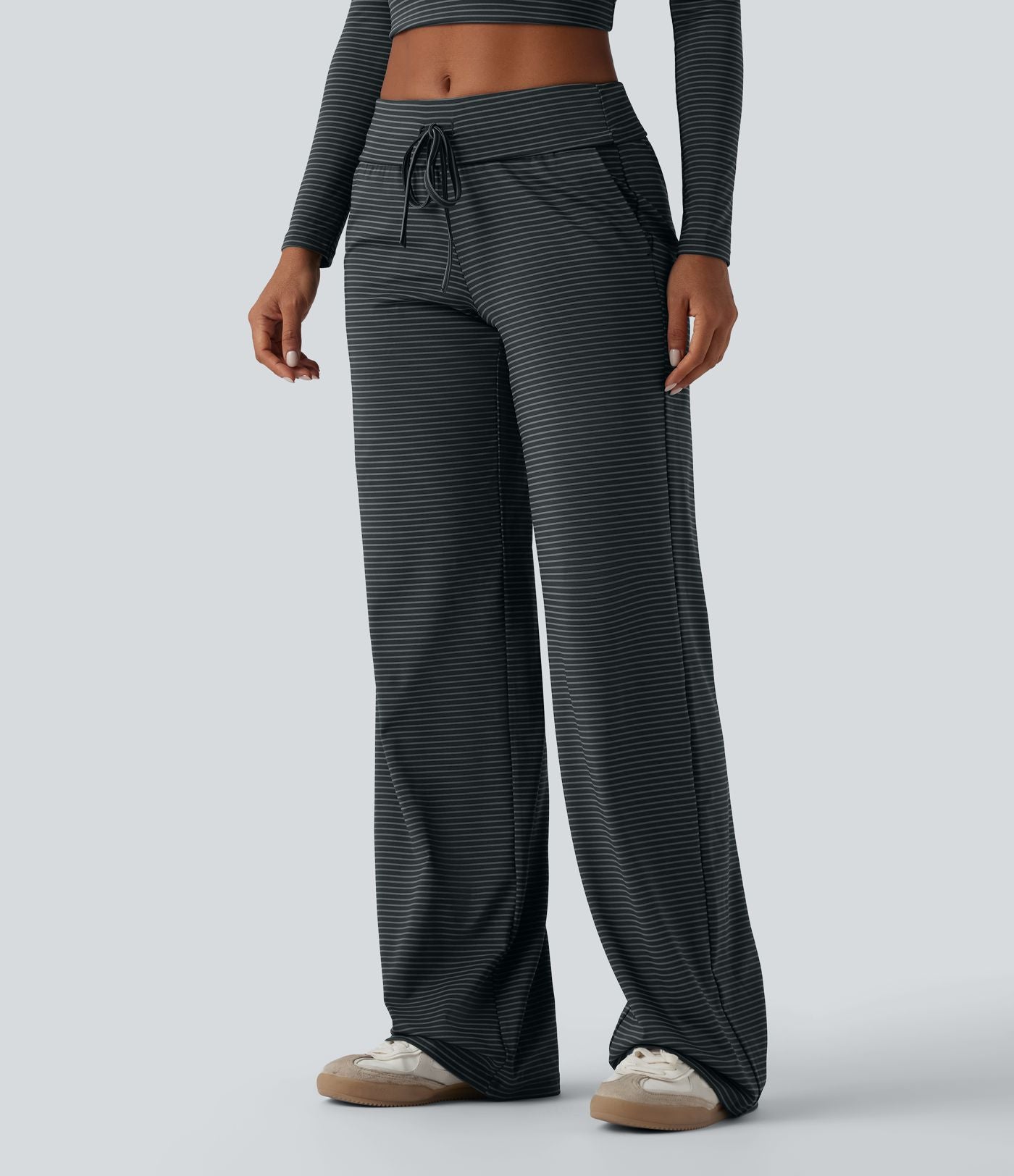 Pantalon décontracté droit à rayures taille basse repliable avec cordon de serrage et poches