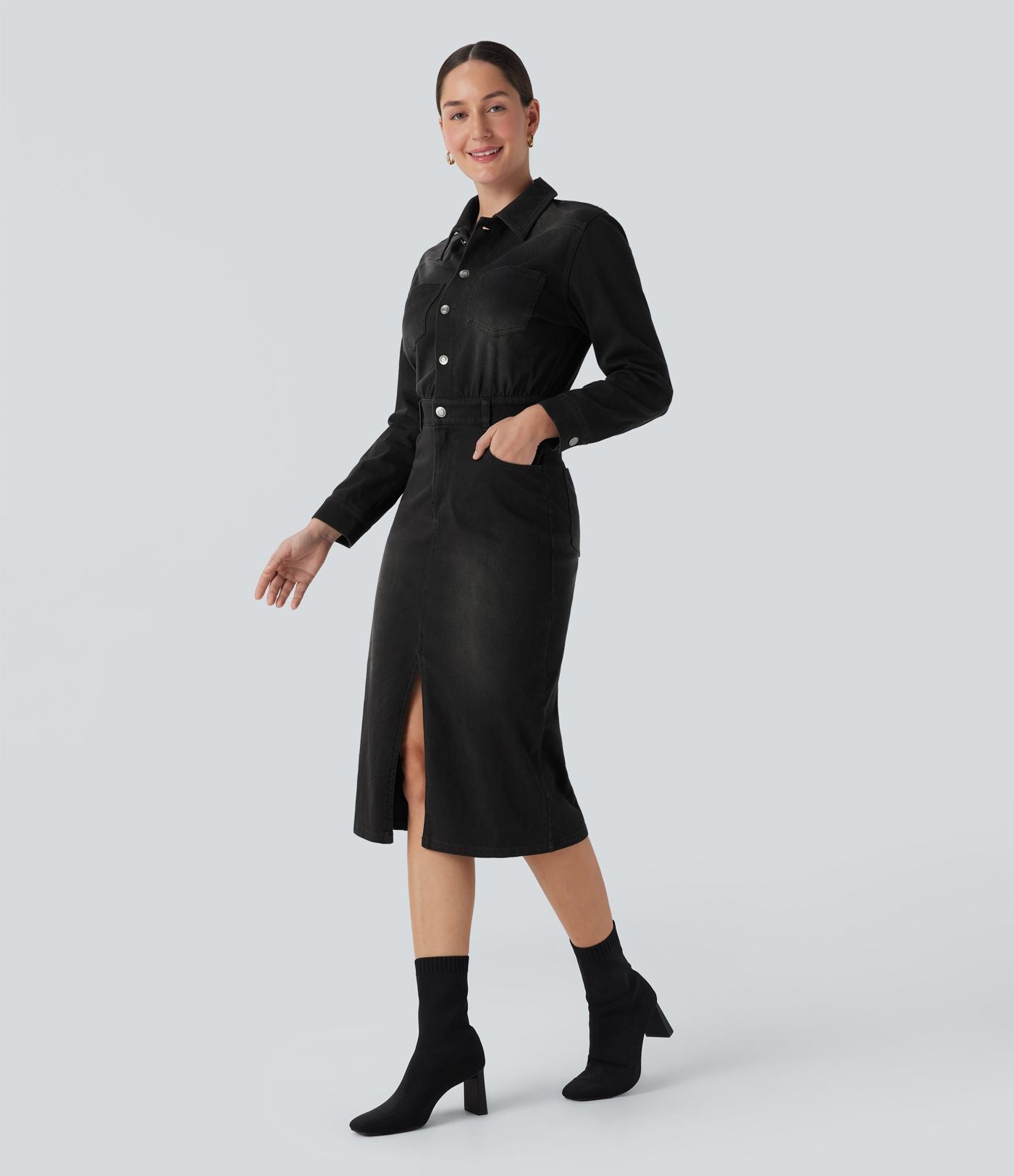 Robe chemise midi casual denim Halara Flex™ manches longues avec poches