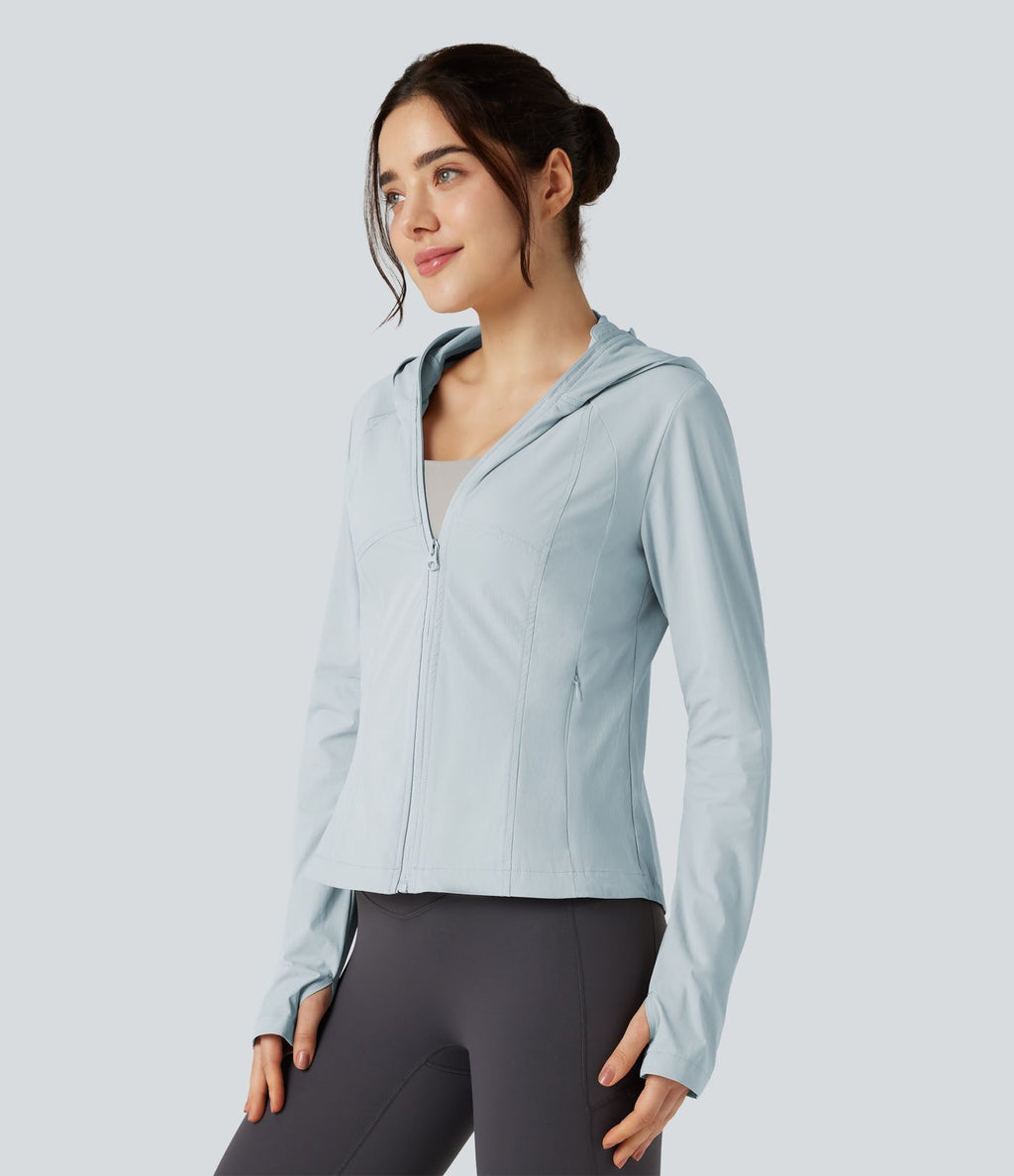 Veste de randonnée à capuche, manches longues, passants pouces et zip avec poches - UPF40+