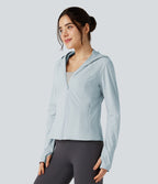 Veste de randonnée à capuche, manches longues, passants pouces et zip avec poches - UPF40+