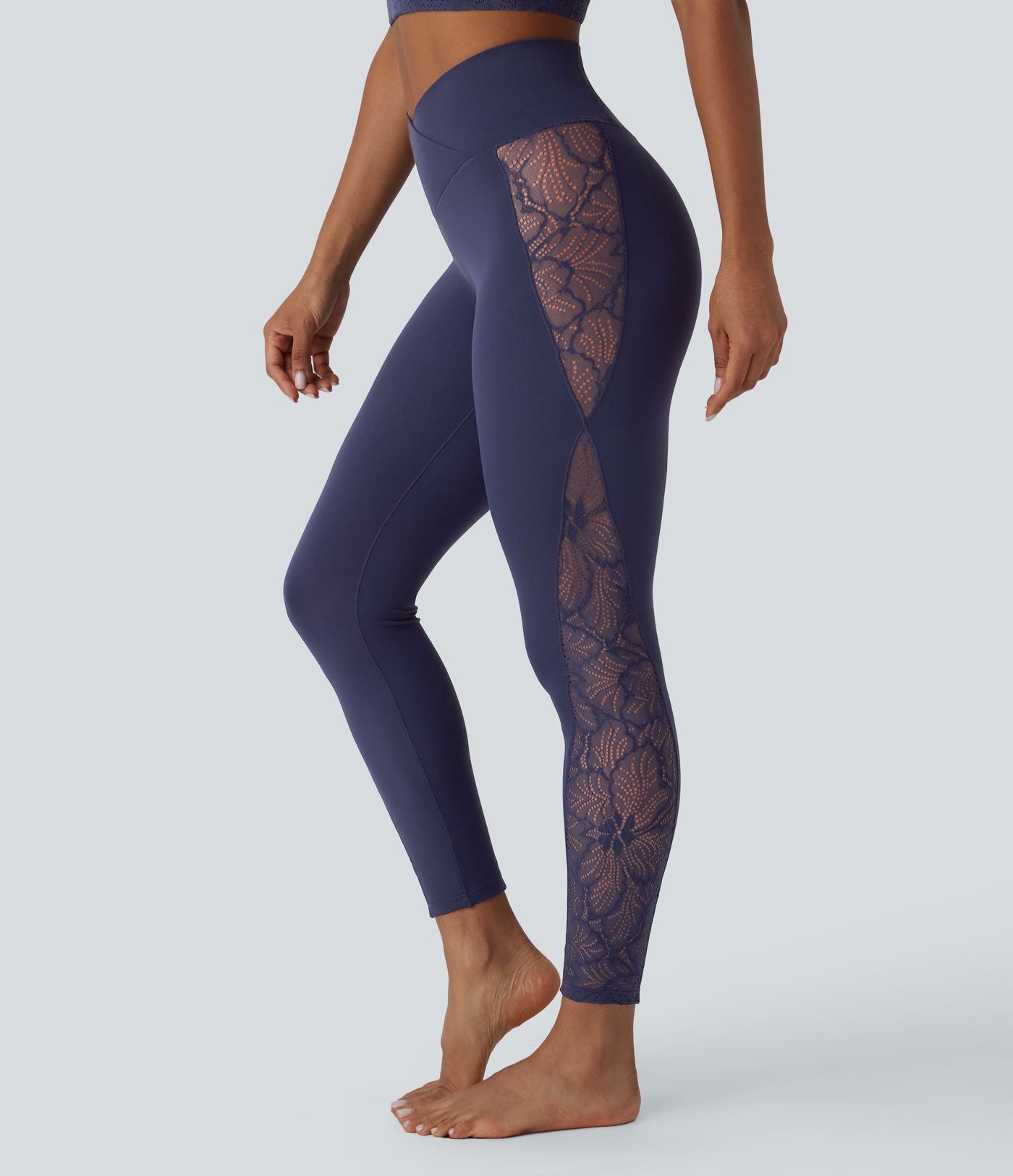 Legging de yoga Softlyzero™ taille haute avec design croisé, dentelle contrastée, sous-vêtement intégré, poche et protection UPF50+