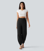 Pantalon jogging en lin stretch taille haute avec poches