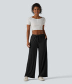 Pantalon large casual en maille côtelée extensible taille mi-haute avec cordon de serrage et poches