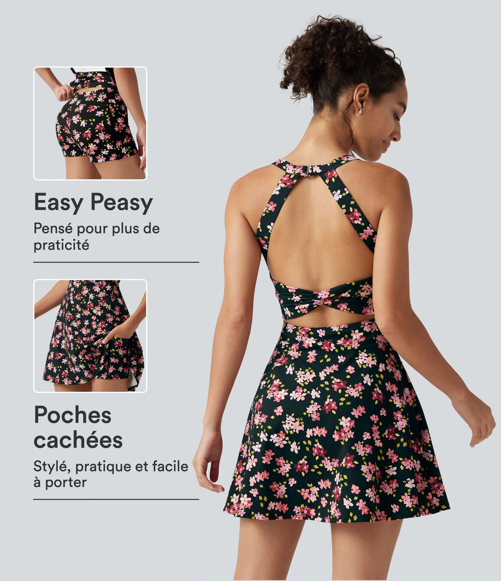 Robe active mini de danse 2-en-1 à petites fleurs, coussinets amovibles, poches et accès facile Easy Peasy