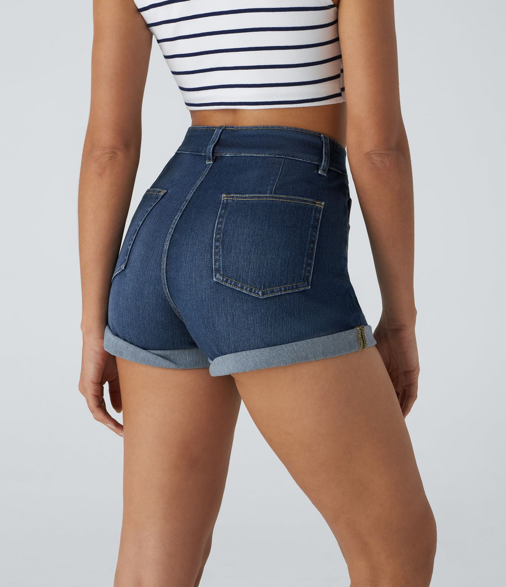 Halara Flex™ Short en Denim Tricot Extensible Lavé à Taille Haute avec Poches Multiples et Ourlet Replié
