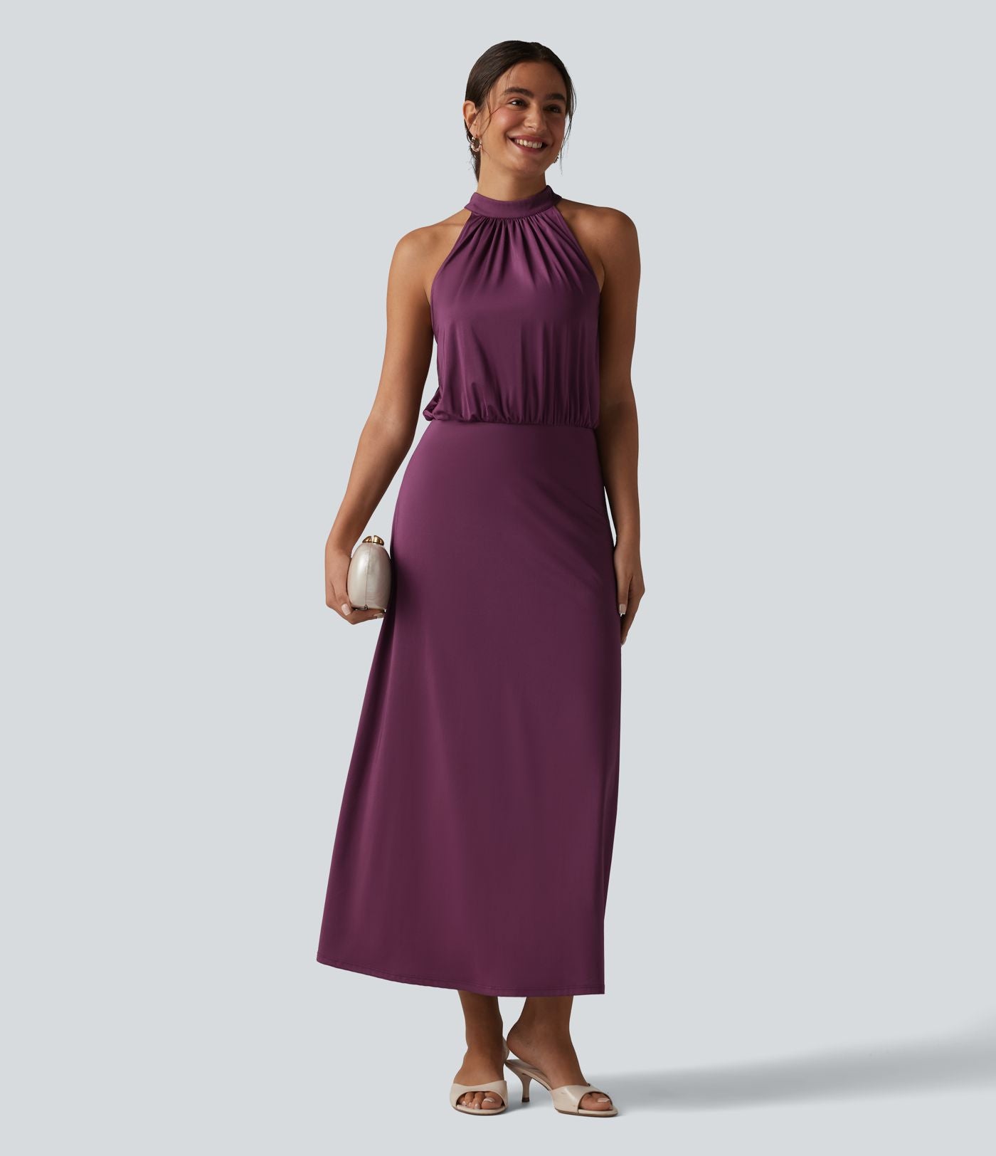 Robe midi col cheminée sans manches dos découpé extensible aspect satiné effet frais InstantCool