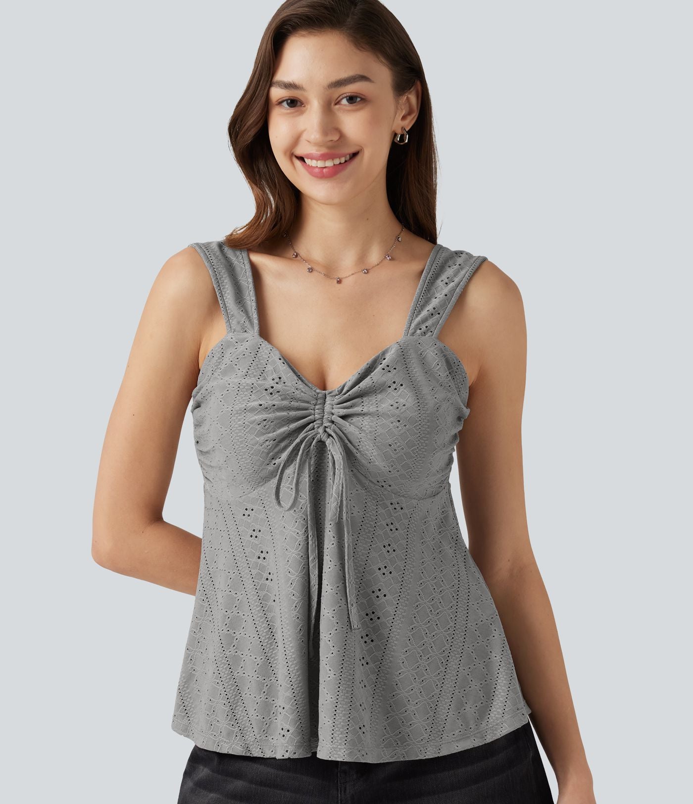 Débardeur décontracté froncé avec cordon de serrage, broderie anglaise et soutien-gorge intégré
