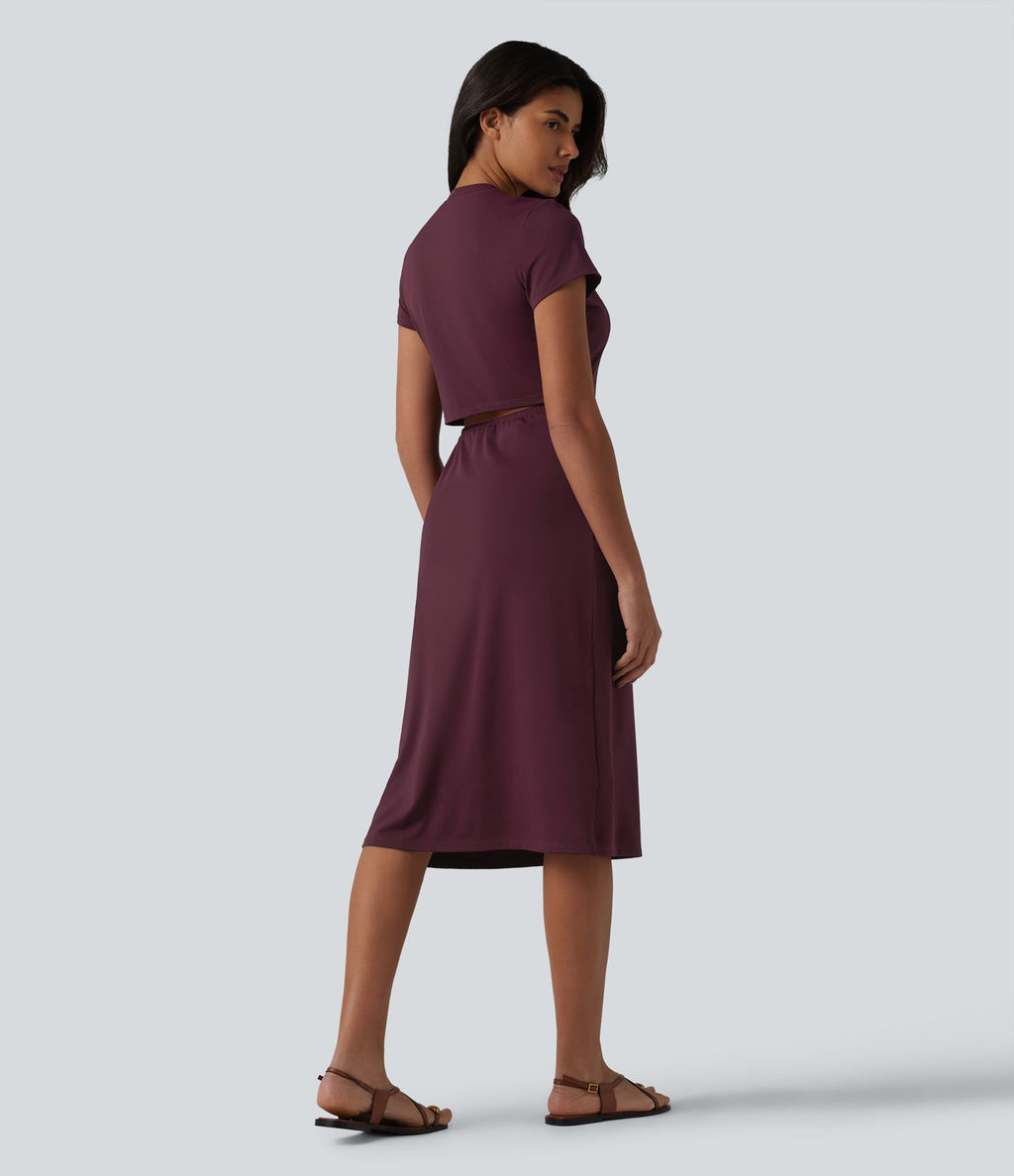 Robe casual mi-longue col rond à manches courtes avec découpe