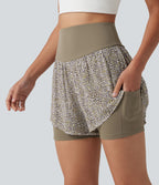 Short baggy de running 2-en-1 taille haute à imprimé léopard avec poches