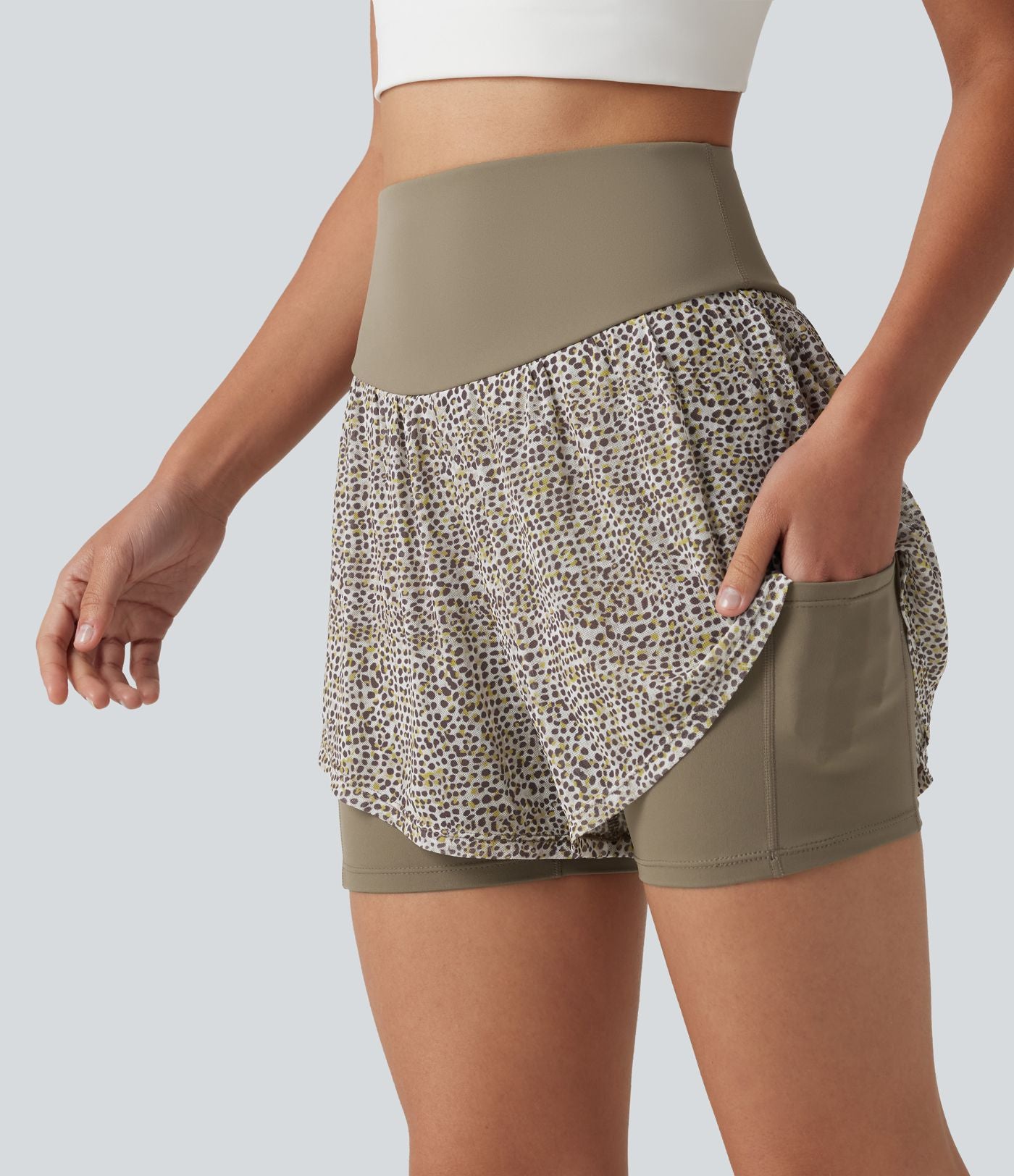 Short baggy de running 2-en-1 taille haute à imprimé léopard avec poches