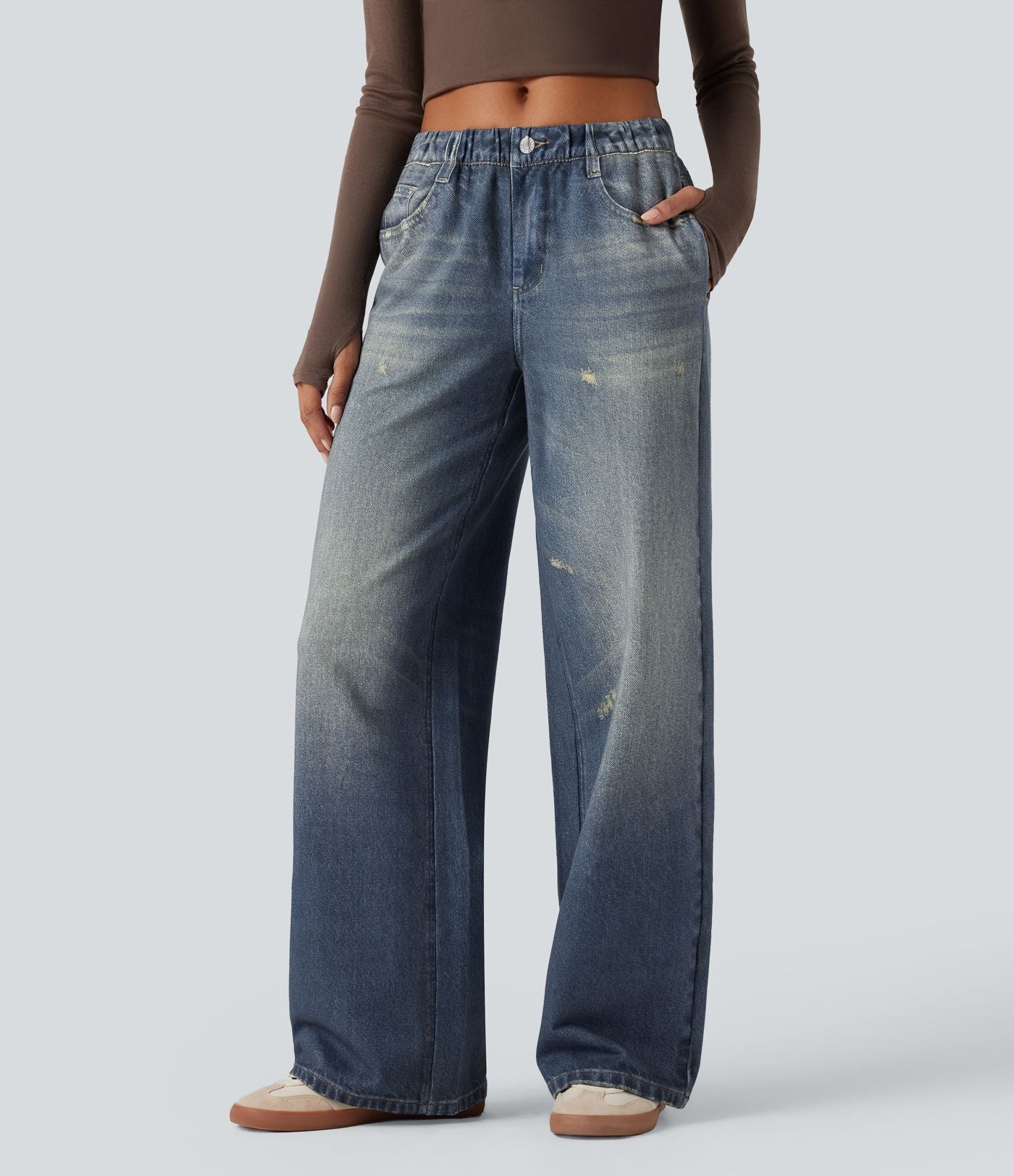 Jogging jean décontracté en molleton French Terry imprimé denim taille mi-haute avec poches