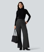 Pantalon tailleur rayé coupe droite taille haute avec poches