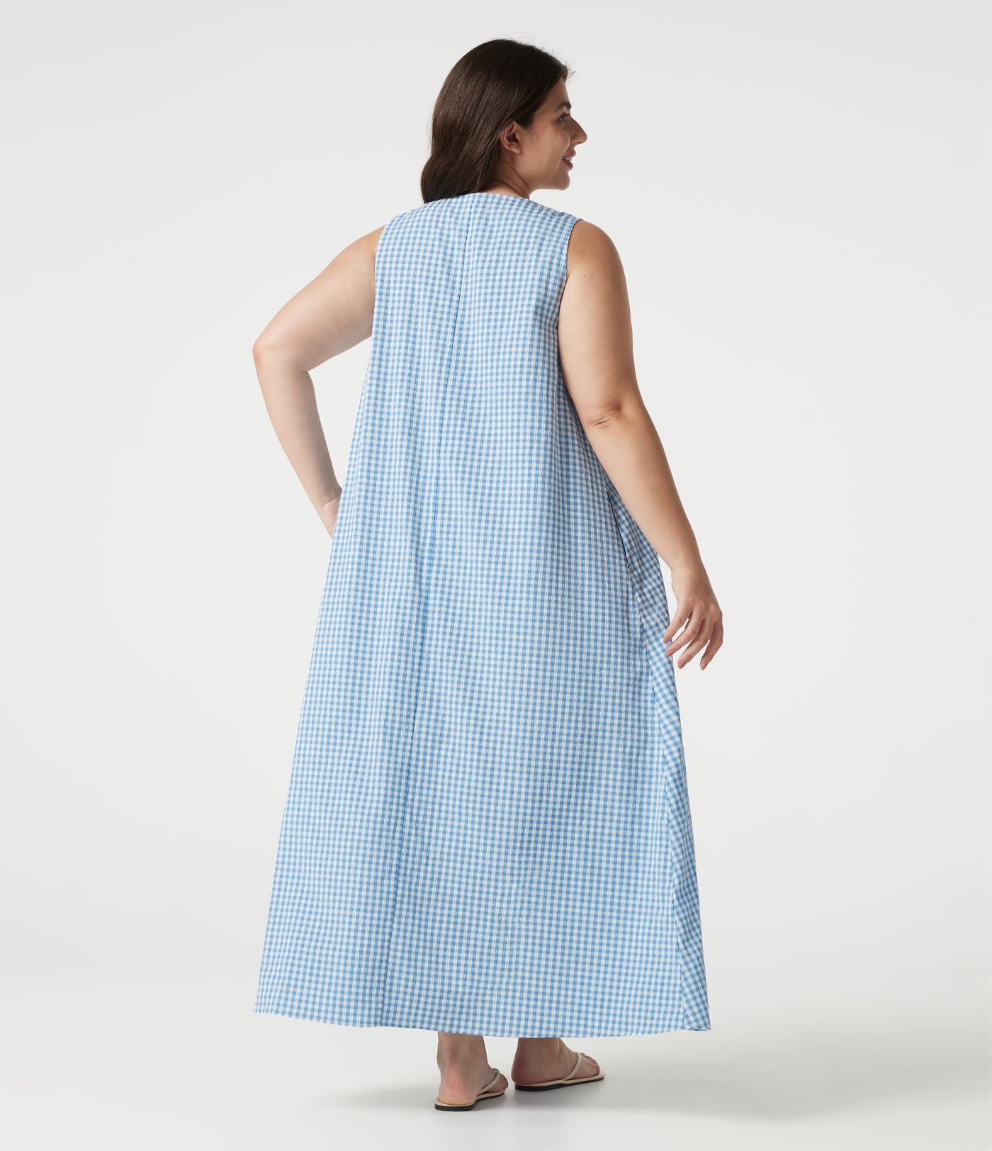 Robe débardeur midi sans manches col rond en vichy froissé grande taille à poches
