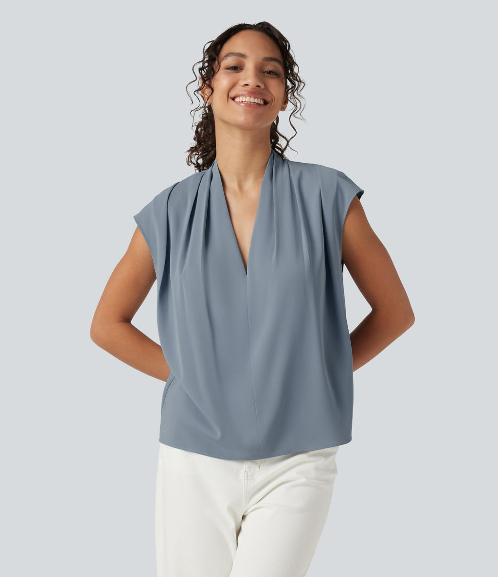 Blouse sans manches défroissage facile, col V, fronces et coupe boxy
